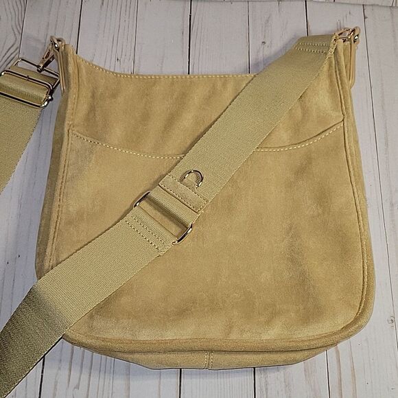Ah dorned Messenger Crossbody Bag Faux Suede Light Tan  Camel Guitar Strap - Picture 3 of 13
